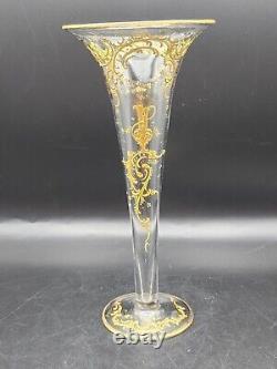 Vintage French or Moser Style Intaglio Glass Trumpet Vase, Gilt Encrusted