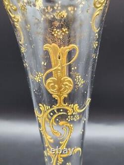 Vintage French or Moser Style Intaglio Glass Trumpet Vase, Gilt Encrusted