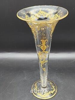 Vintage French or Moser Style Intaglio Glass Trumpet Vase, Gilt Encrusted