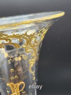 Vintage French or Moser Style Intaglio Glass Trumpet Vase, Gilt Encrusted