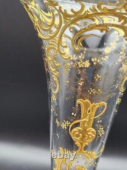 Vintage French or Moser Style Intaglio Glass Trumpet Vase, Gilt Encrusted