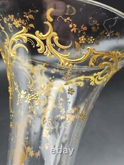 Vintage French or Moser Style Intaglio Glass Trumpet Vase, Gilt Encrusted