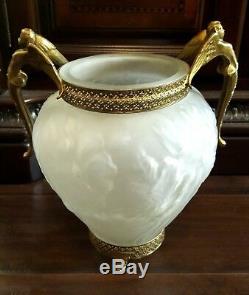Vintage Frosted Floral Satin Glass Vase Ormolu Trim Brass Cherub Handles Footed