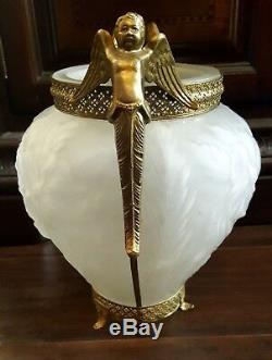 Vintage Frosted Floral Satin Glass Vase Ormolu Trim Brass Cherub Handles Footed