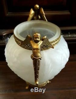 Vintage Frosted Floral Satin Glass Vase Ormolu Trim Brass Cherub Handles Footed