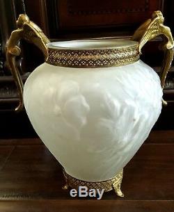 Vintage Frosted Floral Satin Glass Vase Ormolu Trim Brass Cherub Handles Footed