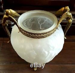 Vintage Frosted Floral Satin Glass Vase Ormolu Trim Brass Cherub Handles Footed