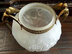 Vintage Frosted Floral Satin Glass Vase Ormolu Trim Brass Cherub Handles Footed