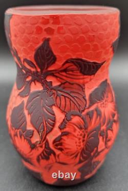 Vintage Galle Reproduction Cameo Art Nouveu Glass Vase Red Flowers & Leaves