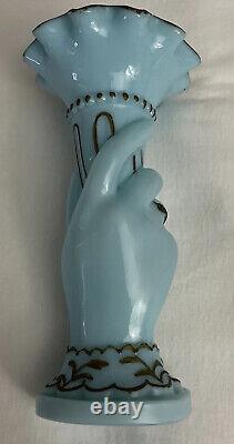 Vintage Hand Shape Enamel Decorated Blue Glass Flower Vase Made In FRANCE Rare