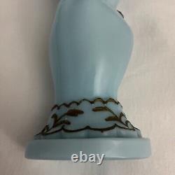 Vintage Hand Shape Enamel Decorated Blue Glass Flower Vase Made In FRANCE Rare