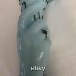 Vintage Hand Shape Enamel Decorated Blue Glass Flower Vase Made In FRANCE Rare