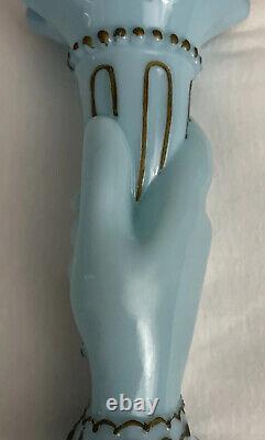 Vintage Hand Shape Enamel Decorated Blue Glass Flower Vase Made In FRANCE Rare