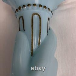 Vintage Hand Shape Enamel Decorated Blue Glass Flower Vase Made In FRANCE Rare