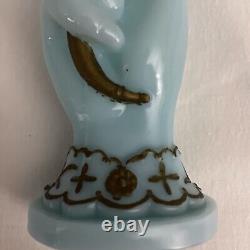 Vintage Hand Shape Enamel Decorated Blue Glass Flower Vase Made In FRANCE Rare