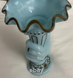 Vintage Hand Shape Enamel Decorated Blue Glass Flower Vase Made In FRANCE Rare