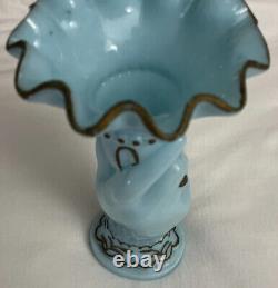 Vintage Hand Shape Enamel Decorated Blue Glass Flower Vase Made In FRANCE Rare