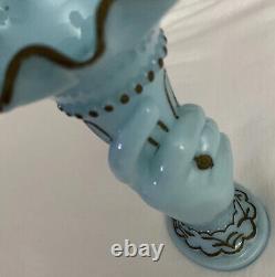 Vintage Hand Shape Enamel Decorated Blue Glass Flower Vase Made In FRANCE Rare