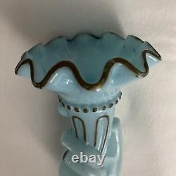 Vintage Hand Shape Enamel Decorated Blue Glass Flower Vase Made In FRANCE Rare