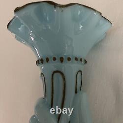 Vintage Hand Shape Enamel Decorated Blue Glass Flower Vase Made In FRANCE Rare