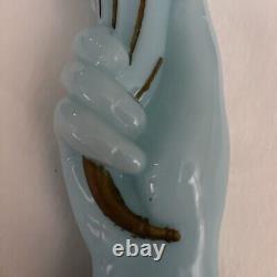 Vintage Hand Shape Enamel Decorated Blue Glass Flower Vase Made In FRANCE Rare