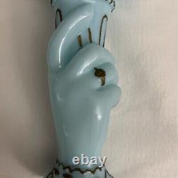 Vintage Hand Shape Enamel Decorated Blue Glass Flower Vase Made In FRANCE Rare