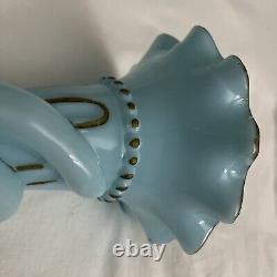 Vintage Hand Shape Enamel Decorated Blue Glass Flower Vase Made In FRANCE Rare