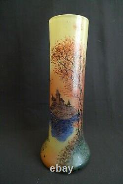 Vintage Handpainted Landscape French Art Glass Tall Vase Signed France 1920