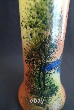 Vintage Handpainted Landscape French Art Glass Tall Vase Signed France 1920