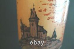Vintage Handpainted Landscape French Art Glass Tall Vase Signed France 1920