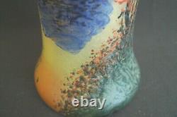 Vintage Handpainted Landscape French Art Glass Tall Vase Signed France 1920