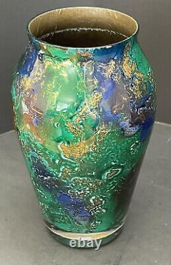 Vintage Laque Line Nostalgic Vase Glass France Foiled Multicoloured Marked 6.5