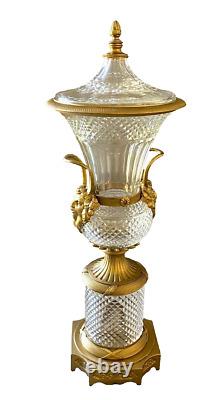 Vintage Large Baccarat Style Cut Crystal and Gilt Bronze Urn with Lid 19 1/2