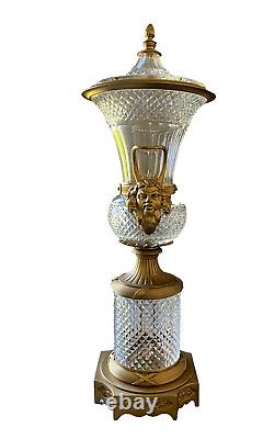 Vintage Large Baccarat Style Cut Crystal and Gilt Bronze Urn with Lid 19 1/2
