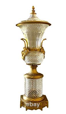 Vintage Large Baccarat Style Cut Crystal and Gilt Bronze Urn with Lid 19 1/2
