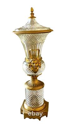 Vintage Large Baccarat Style Cut Crystal and Gilt Bronze Urn with Lid 19 1/2