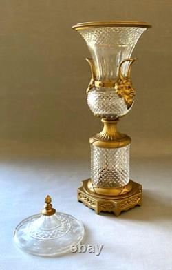 Vintage Large Baccarat Style Cut Crystal and Gilt Bronze Urn with Lid 19 1/2
