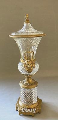 Vintage Large Baccarat Style Cut Crystal and Gilt Bronze Urn with Lid 19 1/2
