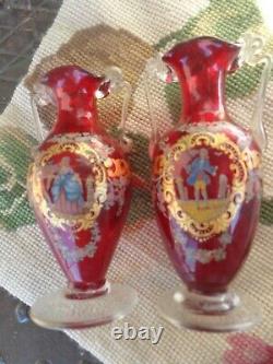 Vintage Murano Venetian Ruby Red Art Glass Enamel French Lady Man Roses Vase Set