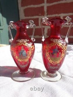 Vintage Murano Venetian Ruby Red Art Glass Enamel French Lady Man Roses Vase Set