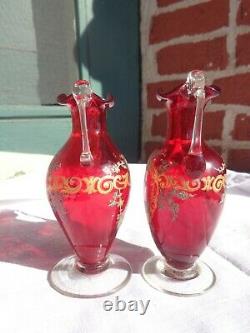 Vintage Murano Venetian Ruby Red Art Glass Enamel French Lady Man Roses Vase Set