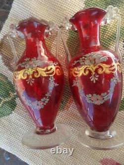 Vintage Murano Venetian Ruby Red Art Glass Enamel French Lady Man Roses Vase Set