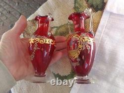 Vintage Murano Venetian Ruby Red Art Glass Enamel French Lady Man Roses Vase Set