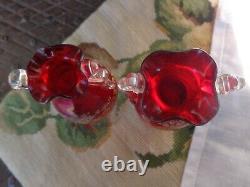 Vintage Murano Venetian Ruby Red Art Glass Enamel French Lady Man Roses Vase Set