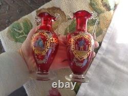 Vintage Murano Venetian Ruby Red Art Glass Enamel French Lady Man Roses Vase Set