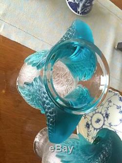 Vintage Pair 1999 Lalique Glass Macaw Vases 2 of 99 Turquoise Limited Edtion