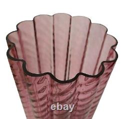 Vintage Pilgrim Glass Art Vase Cranberry Pink Ribbed Spiral Scalloped Cylinder