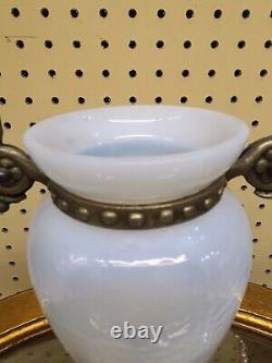 Vintage White Opaline Glass Vase With Brass Tone Candleholders