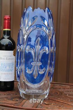 Vintage french 1950s Crystal blue glass fleur de lys vase