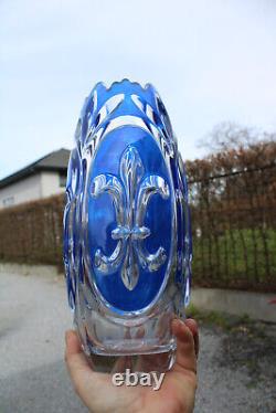 Vintage french 1950s Crystal blue glass fleur de lys vase
